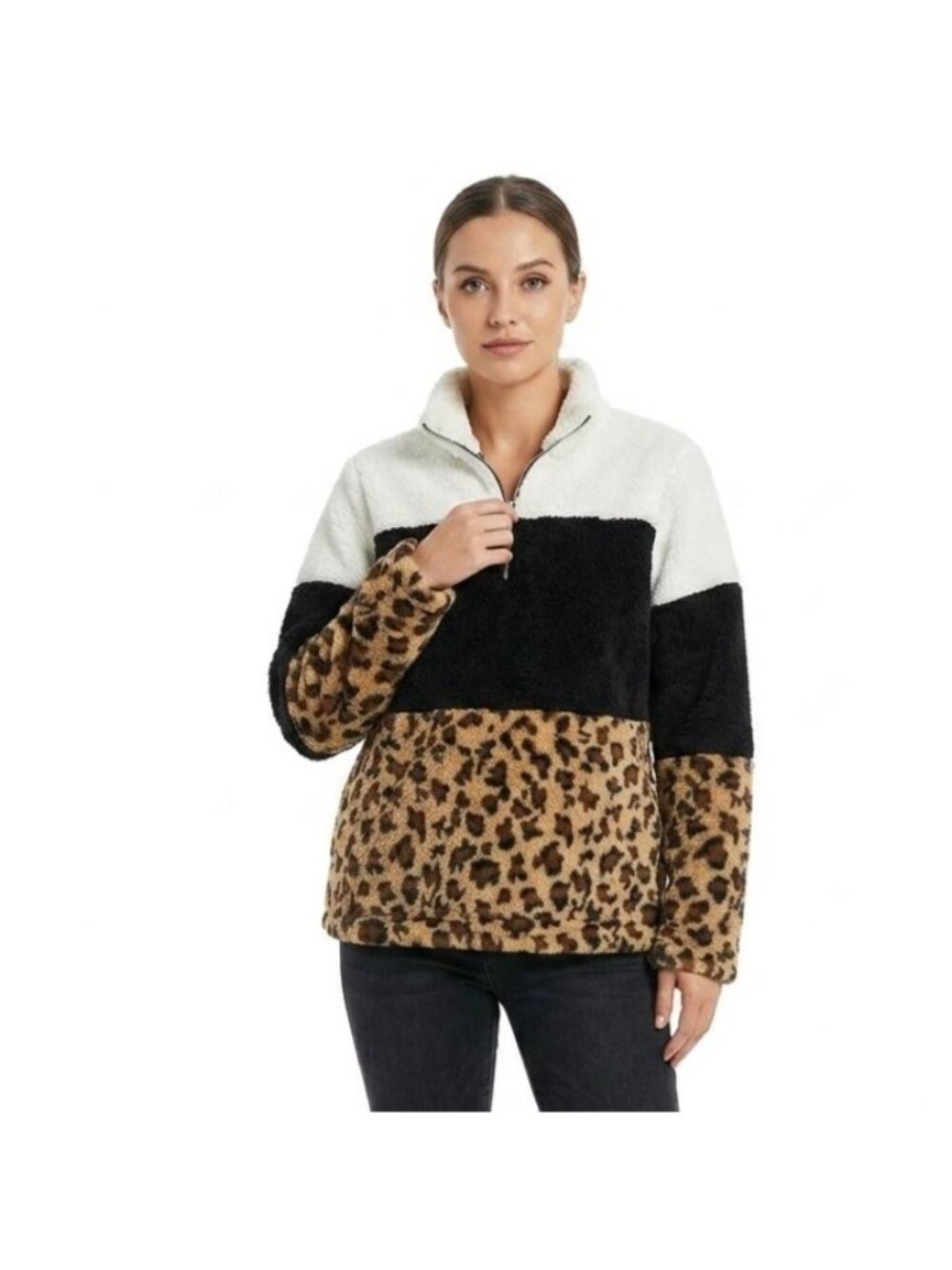 Le Moda Colorblock Sherpa 1/4 Zip Pullover Jacket Women Size M Leopard Print
